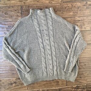 Umgee USA Cable Knit Mock Neck Sweater Mocha Grey Women’s Large Fisherman Style